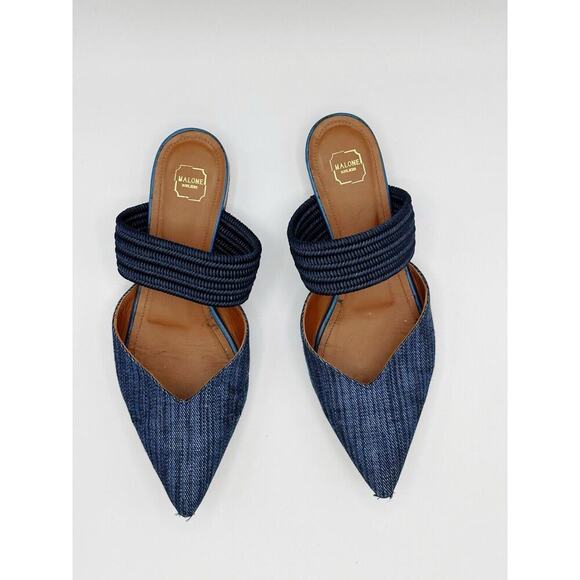 Malone Souliers Navy Blue Canvas Maisie Luwolt Pointed Toe Flat Mules 36 US 6 - Picture 2 of 10